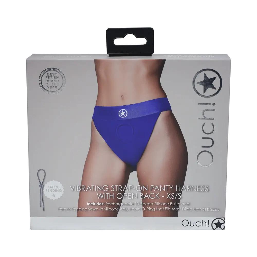Ouch! Vibrating Strap-on Panty Harness with Open Royal Blue Black XS/S by Shots