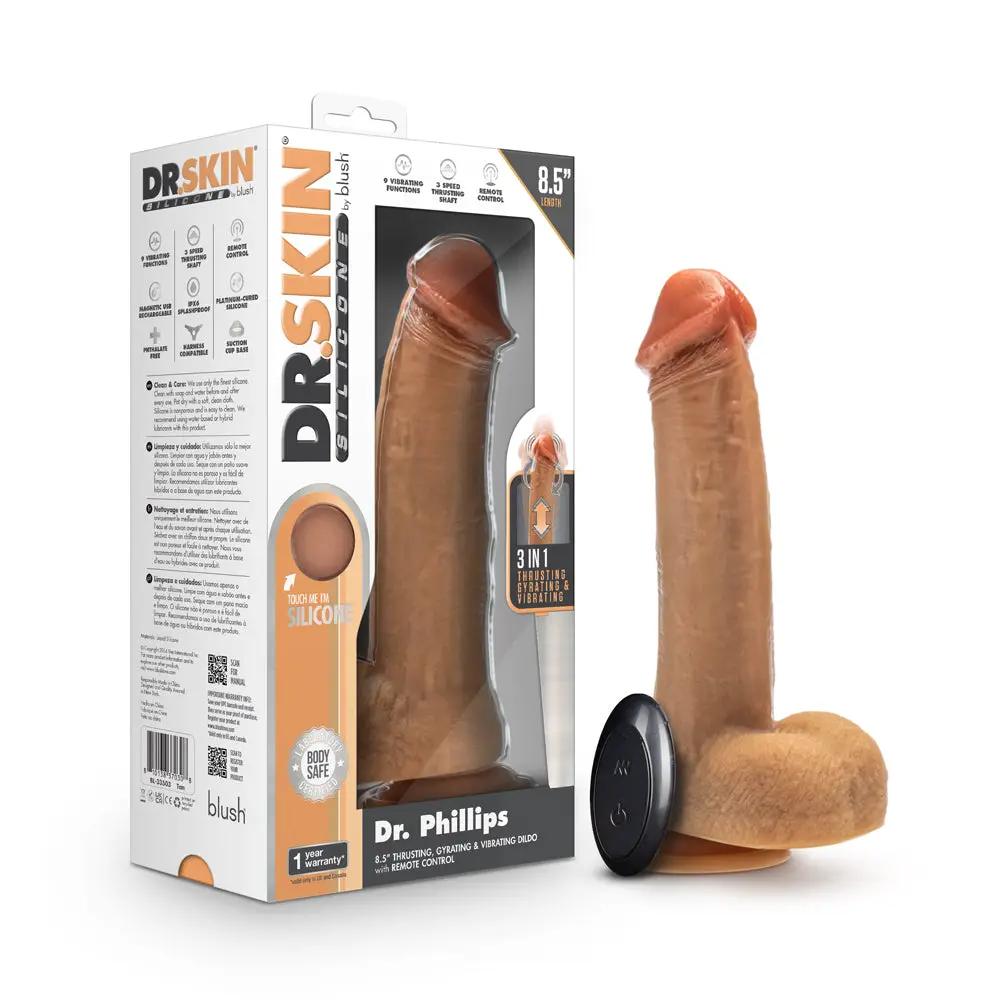 Dr. Skin Silicone Dr. Phillips 8.5 in. Thrusting, Gyrating & Vibrating Dildo with Remote Control Tan by Blush