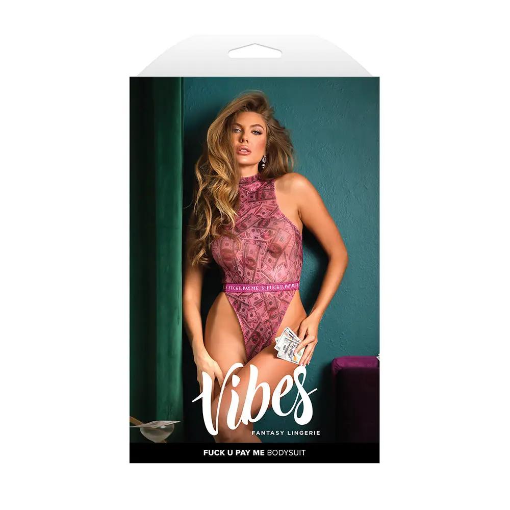 Fantasy Lingerie Vibes Fuck U Pay Me Money-Print Sparkle Mesh Bodysuit M/L by Fantasy Lingerie