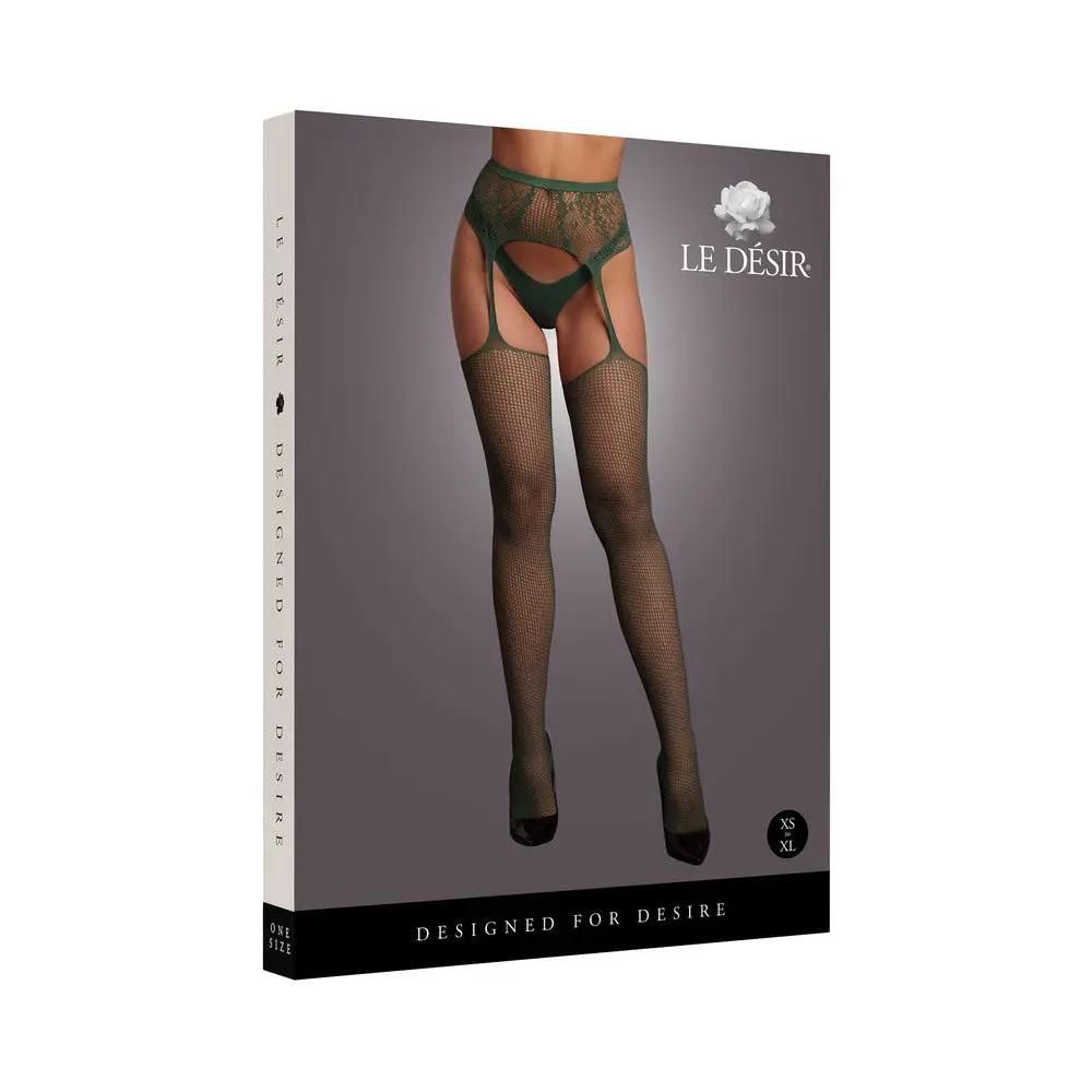 Le Desir Fishnet and Lace Garterbelt Stockings Midnight Green O/S by Shots
