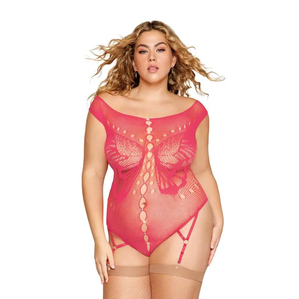 Dreamgirl Butterfly Fishnet Teddy with Garter Straps Watermelon Queen Size by Dreamgirl