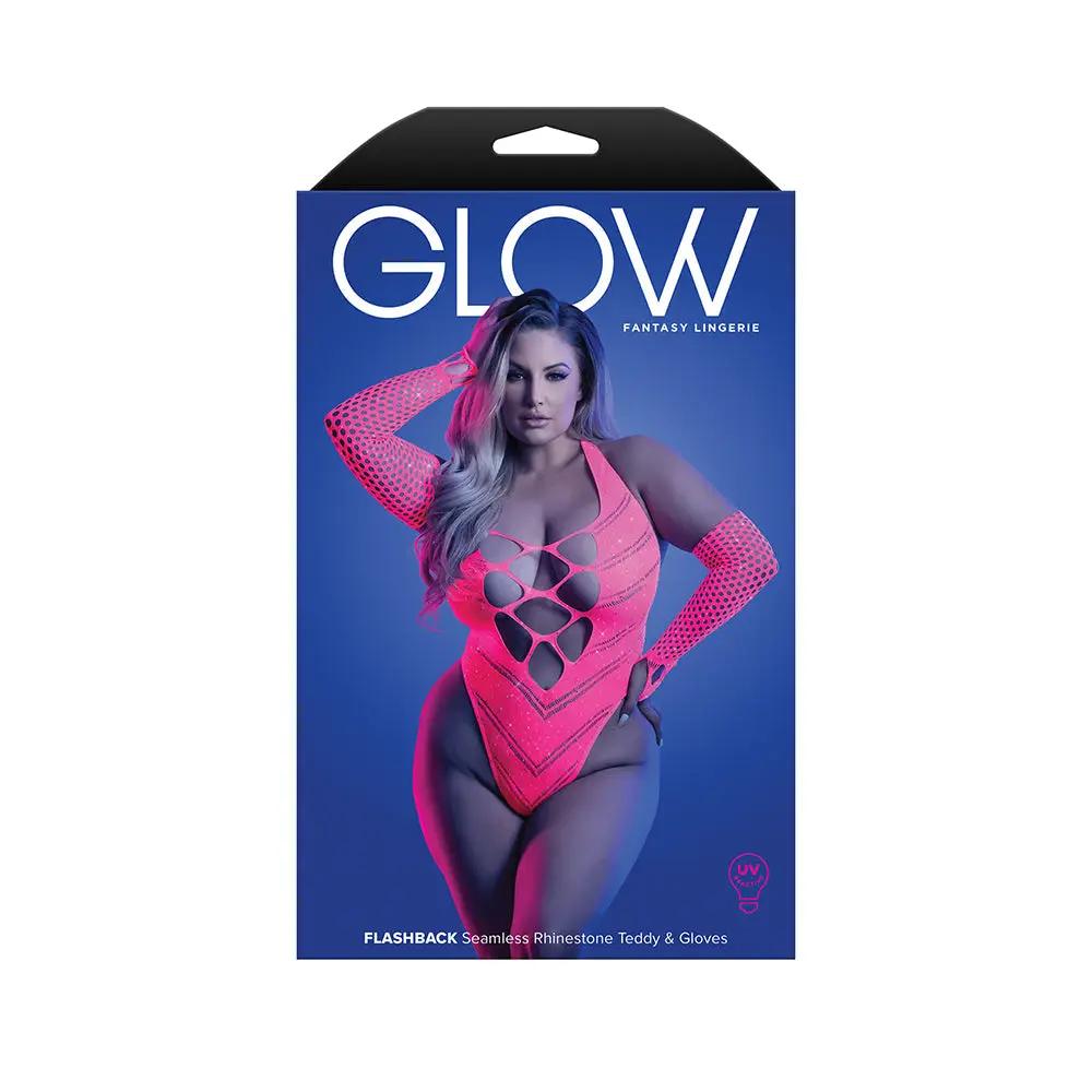 Fantasy Lingerie Glow Flashback UV Reactive Rhinestone Fishnet Teddy & Gloves/Warmers Queen Size by Fantasy Lingerie