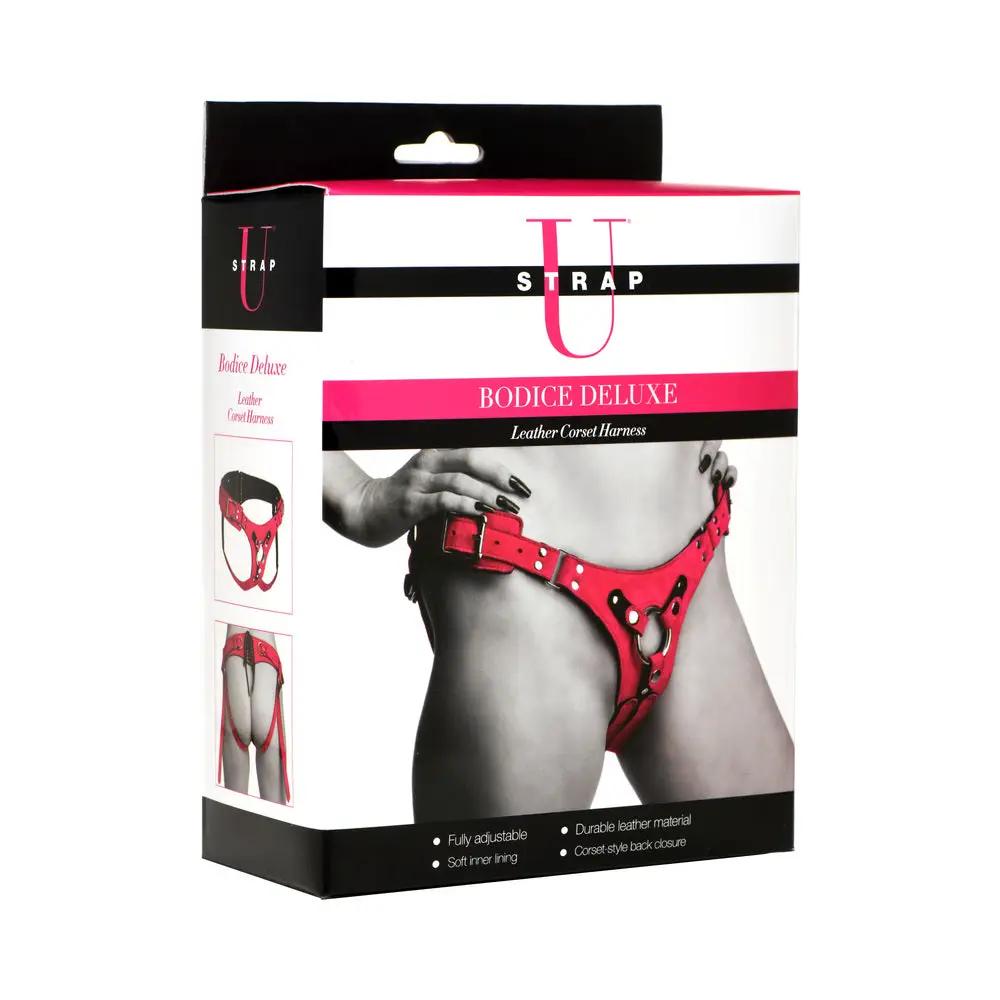Strap U Bodice Deluxe Leather Corset Harness Pink by XR Brands