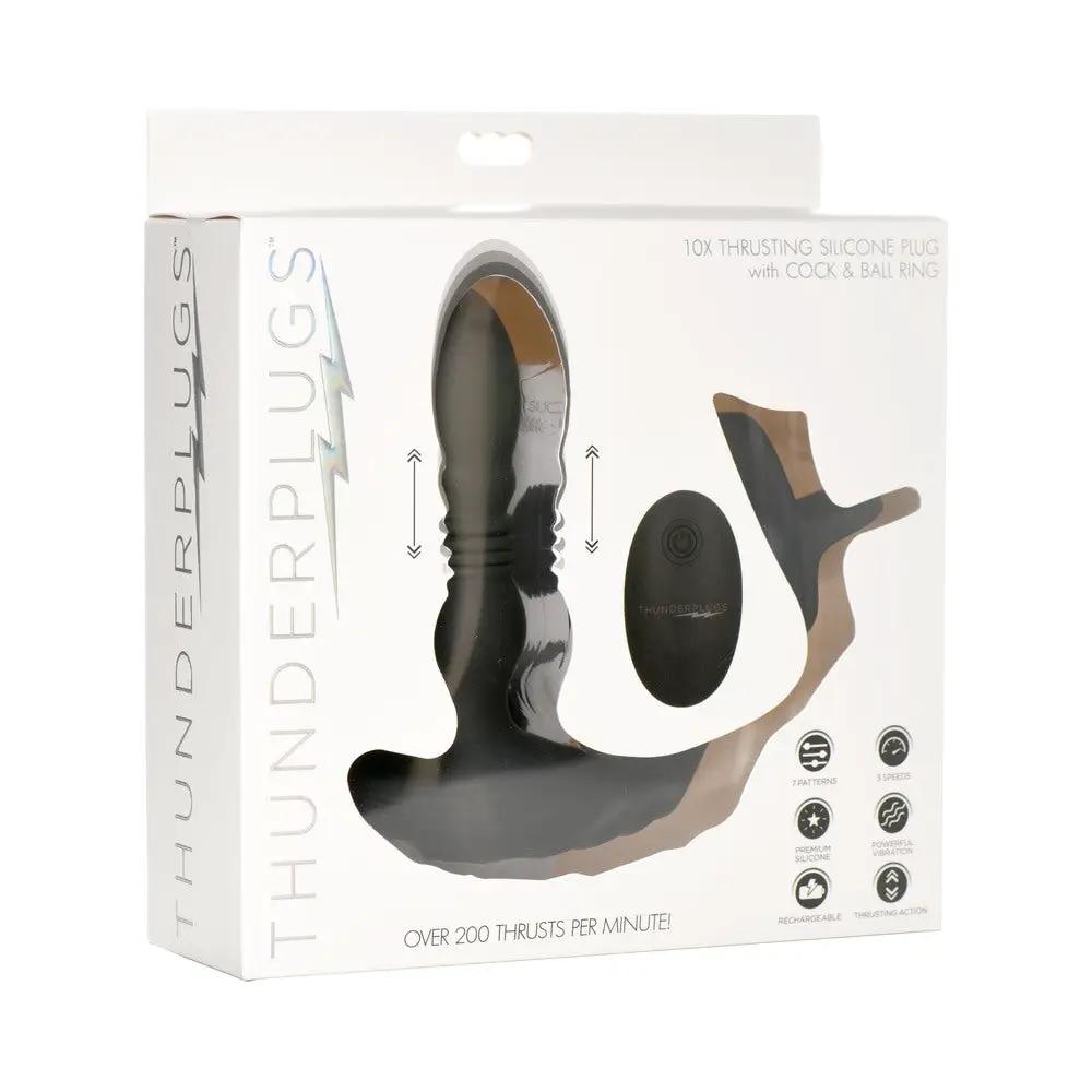 Thunderplugs 10X Thrusting Silicone Vibrator with Cock & Ball Strap & Remote by XR Brands