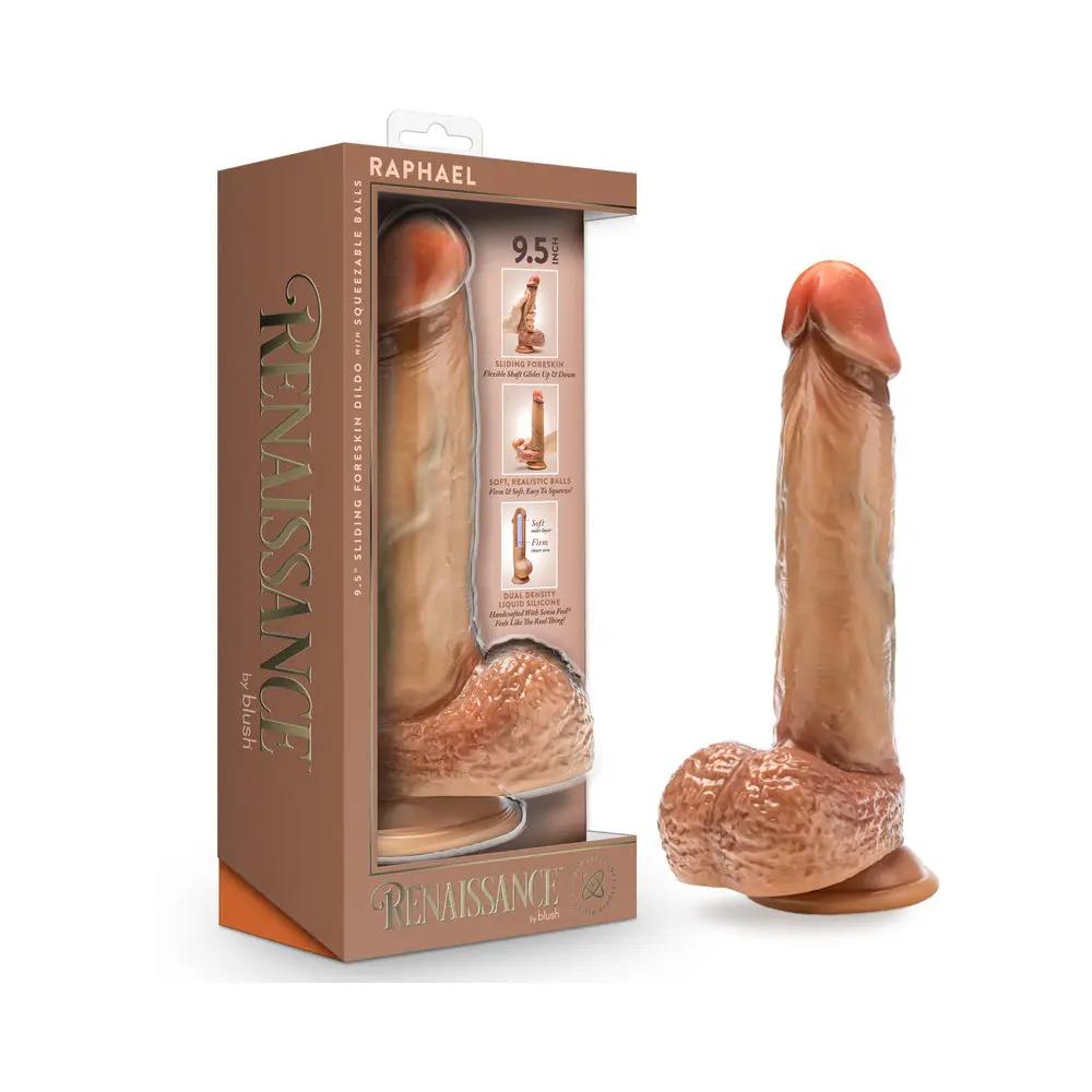 Renaissance Raphael Sliding Foreskin Dildo with Squeezable Balls 9.5 in. Tan by Blush