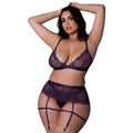 Magic Silk Leather & Lace Bralette, Garter Skirt & Thong Set Plum Queen Size by Magic Silk