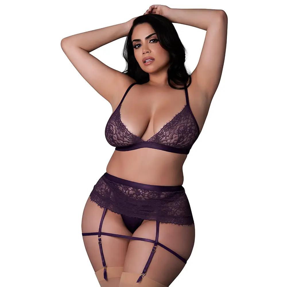 Magic Silk Leather & Lace Bralette, Garter Skirt & Thong Set Plum Queen Size by Magic Silk