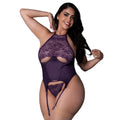 Magic Silk Leather & Lace Lace Cup Basque & Split Crotch Panty Set Plum Queen Size by Magic Silk