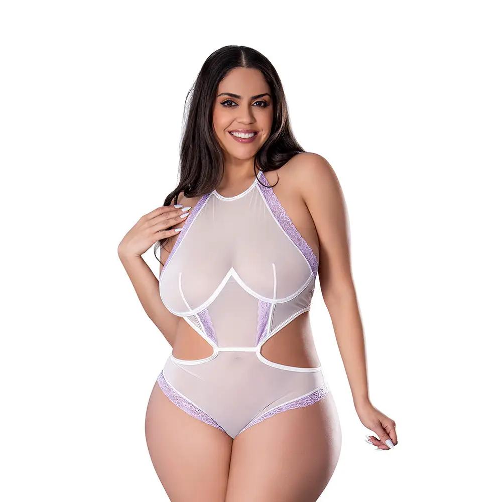 Magic Silk Sheer Passion Halter Teddy White/Lavender Queen Size by Magic Silk