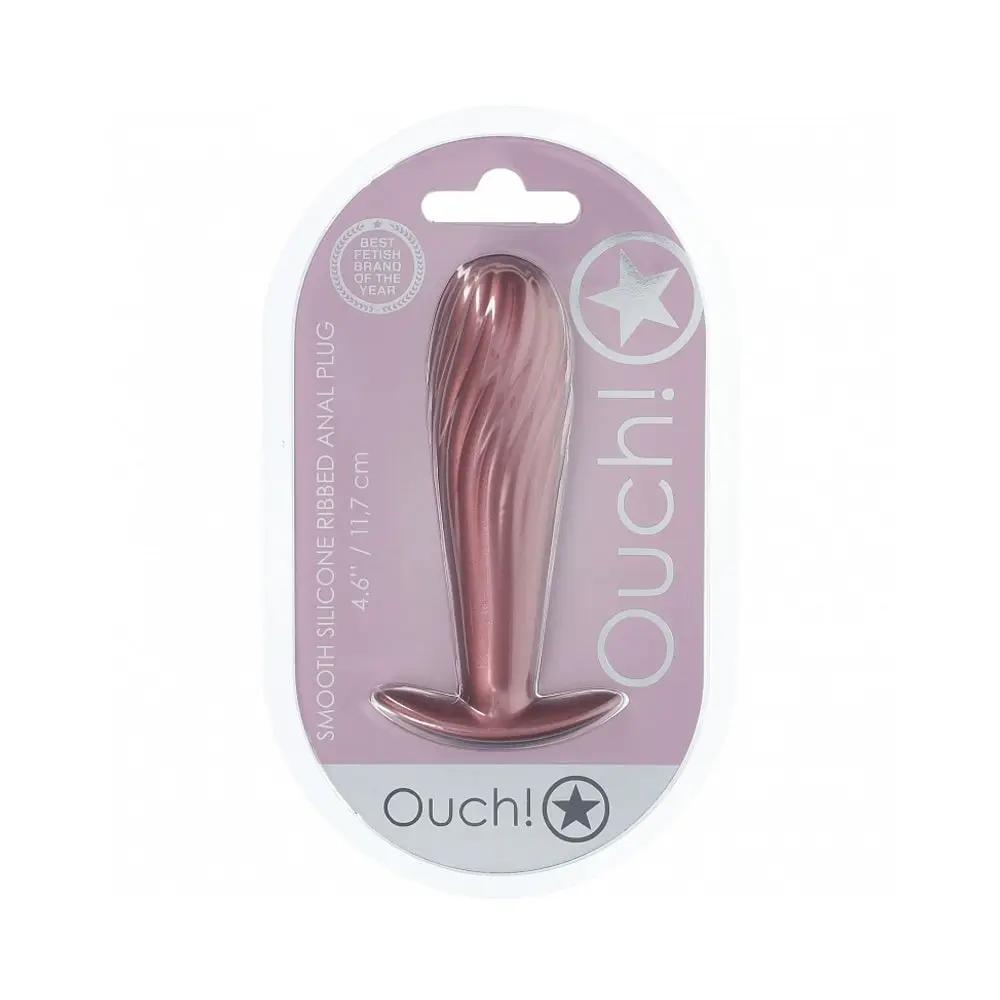 Ouch! Smooth Silicone Ribbed Anal Plug 4.6 in. Rose Gold by Shots