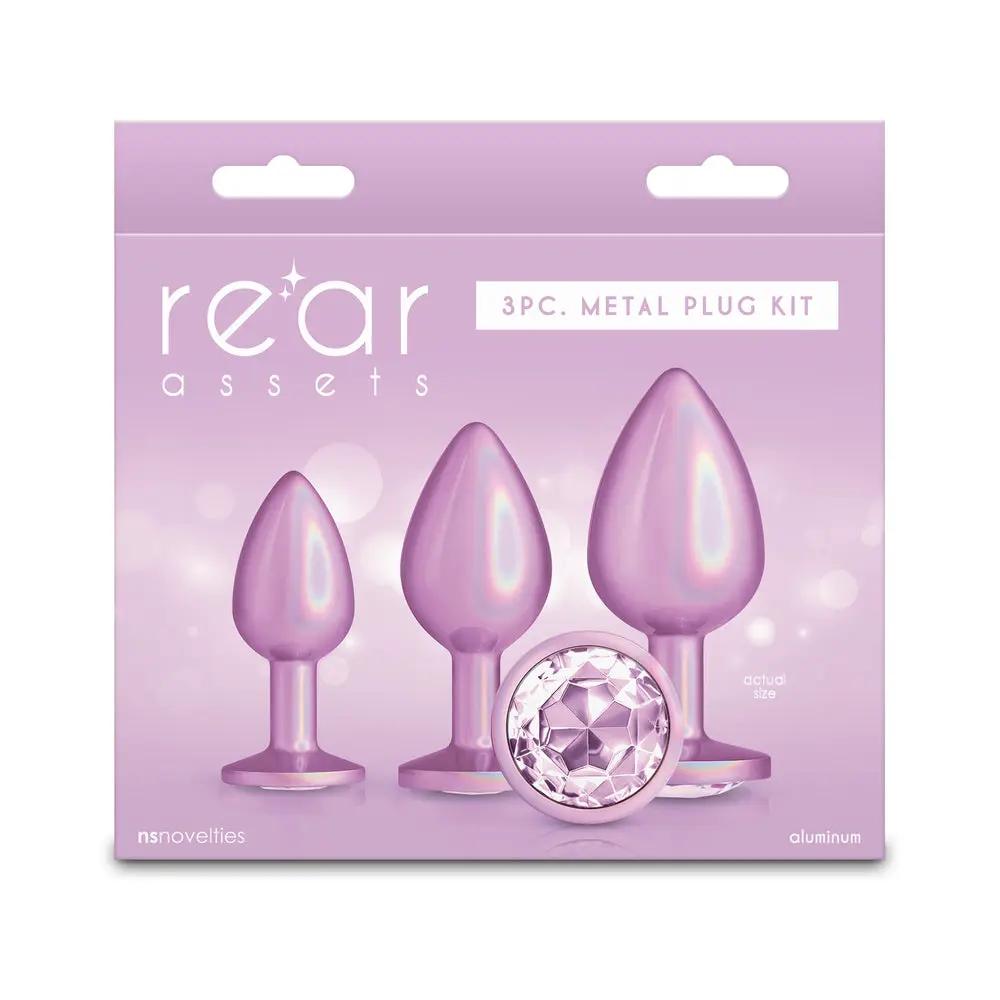 Rear Assets 3-Piece Metal Plug Kit Iridescent Pink with Pink Gem by NS Novelties