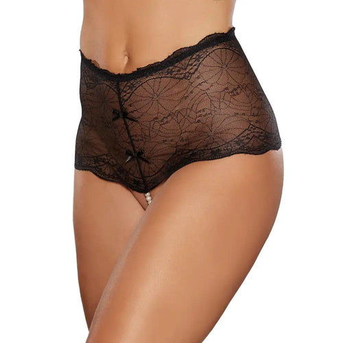 Allure Passion & Pearl High-Waisted Lace Thong with Pearl String Black O/S by Allure Lingerie