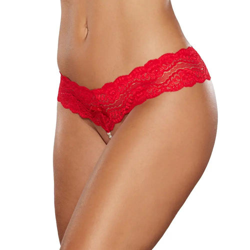 Allure Lip Sync Lace Band Thong with Front-to-Back Pearl String Red O/S by Allure Lingerie