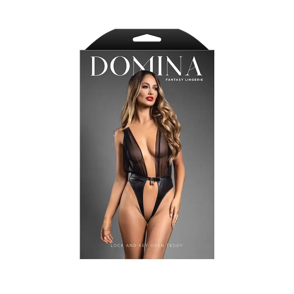 Fantasy Lingerie Domina Mesh Tie-Back Plunge Front Teddy with Buckle Waist and Lock & Key Detail L/XL by Fantasy Lingerie
