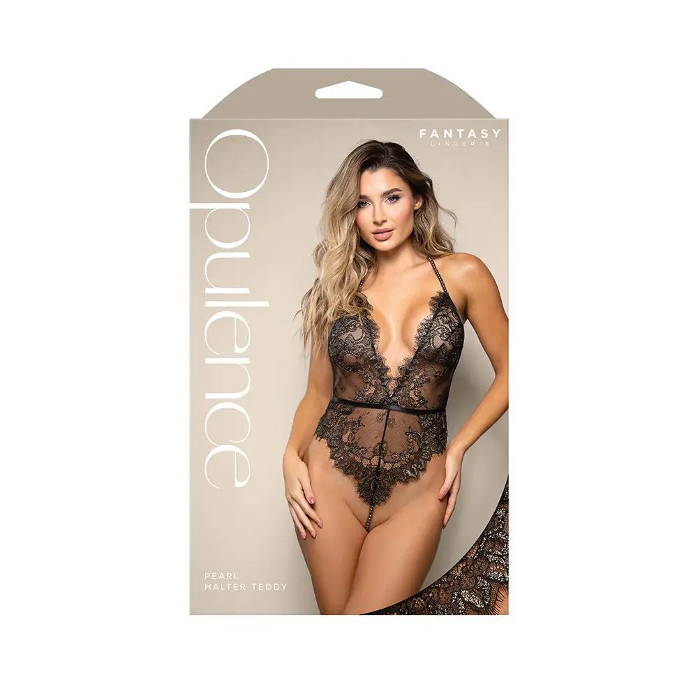 Fantasy Lingerie Opulence Shimmer Lace Pearl Halter Teddy with Open Back & Pearl String Crotch L/XL by Fantasy Lingerie