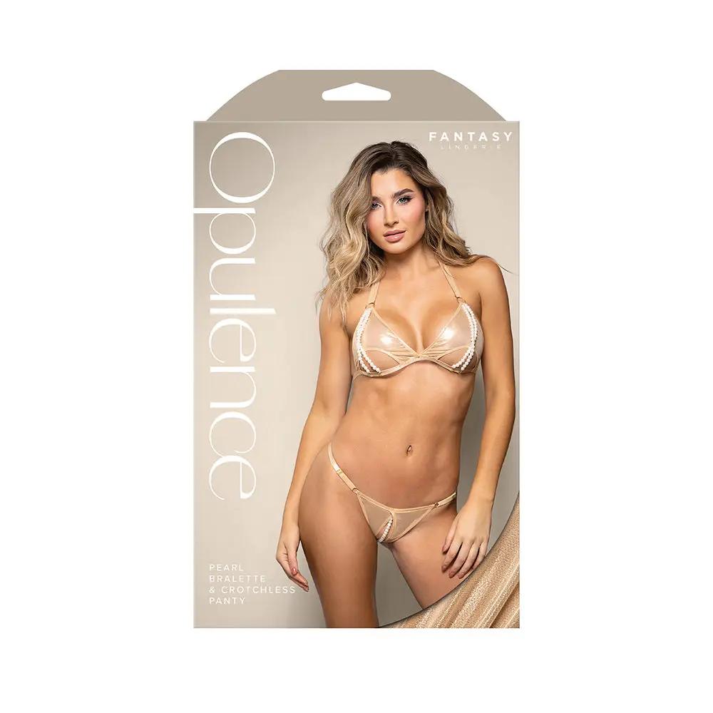 Fantasy Lingerie Opulence Foiled Mesh Cut-Out Pearl Halter Bralette & Crotchless Pearl Panty M/L by Fantasy Lingerie