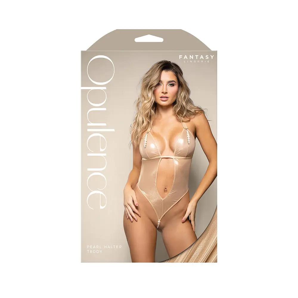 Fantasy Lingerie Opulence Foil Mesh Cut-Out Halter Teddy with Stimulating Pearl & Pearl String M/L by Fantasy Lingerie