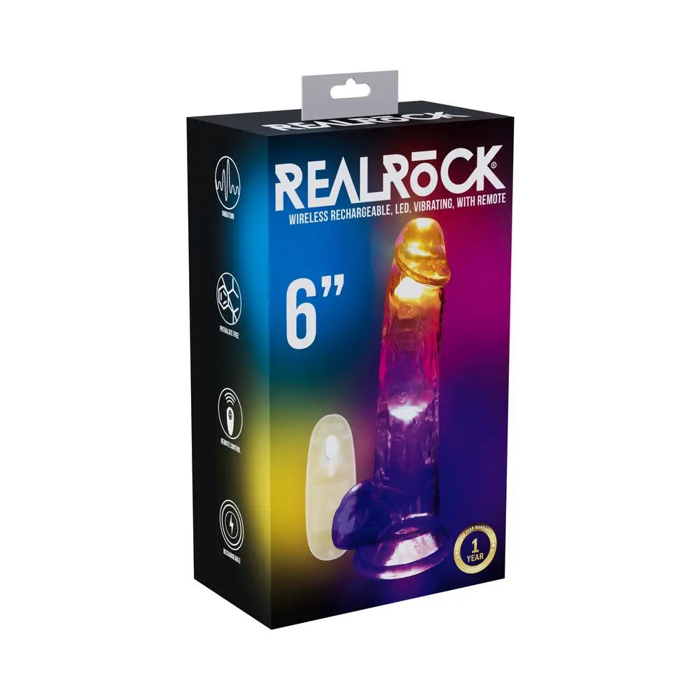 RealRock Wireless Rechargeable Remote Control LED Vibrating 6 in. Dildo with Balls Clear by Shots
