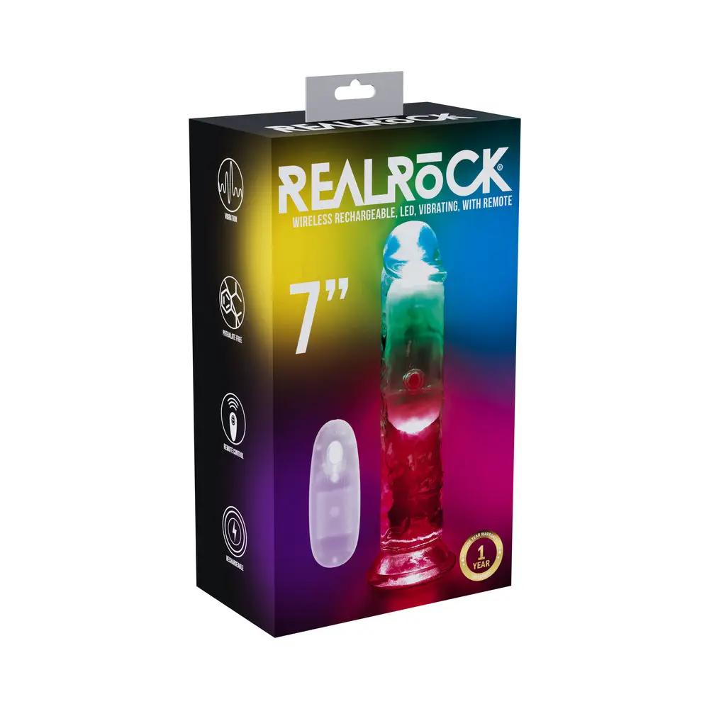 RealRock Wireless Rechargeable Remote Control LED Vibrating 7 in. Dildo Clear by Shots