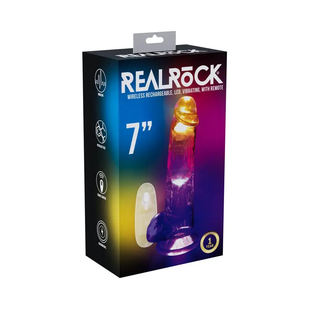 RealRock Wireless Rechargeable Remote Control LED Vibrating 7 in. Dildo with Balls Clear by Shots