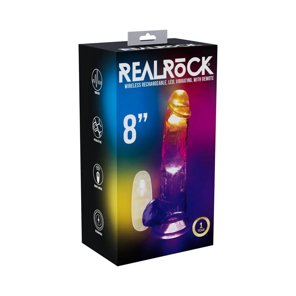 RealRock Wireless Rechargeable Remote Control LED Vibrating 8 in. Dildo with Balls Clear by Shots