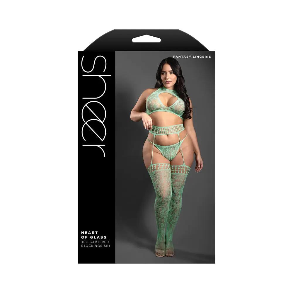 Fantasy Lingerie Sheer Heart Of Glass Lace Knit Halter Tie Top, G-String & Gartered Stockings Seaglass Green Queen Size by Fantasy Lingerie