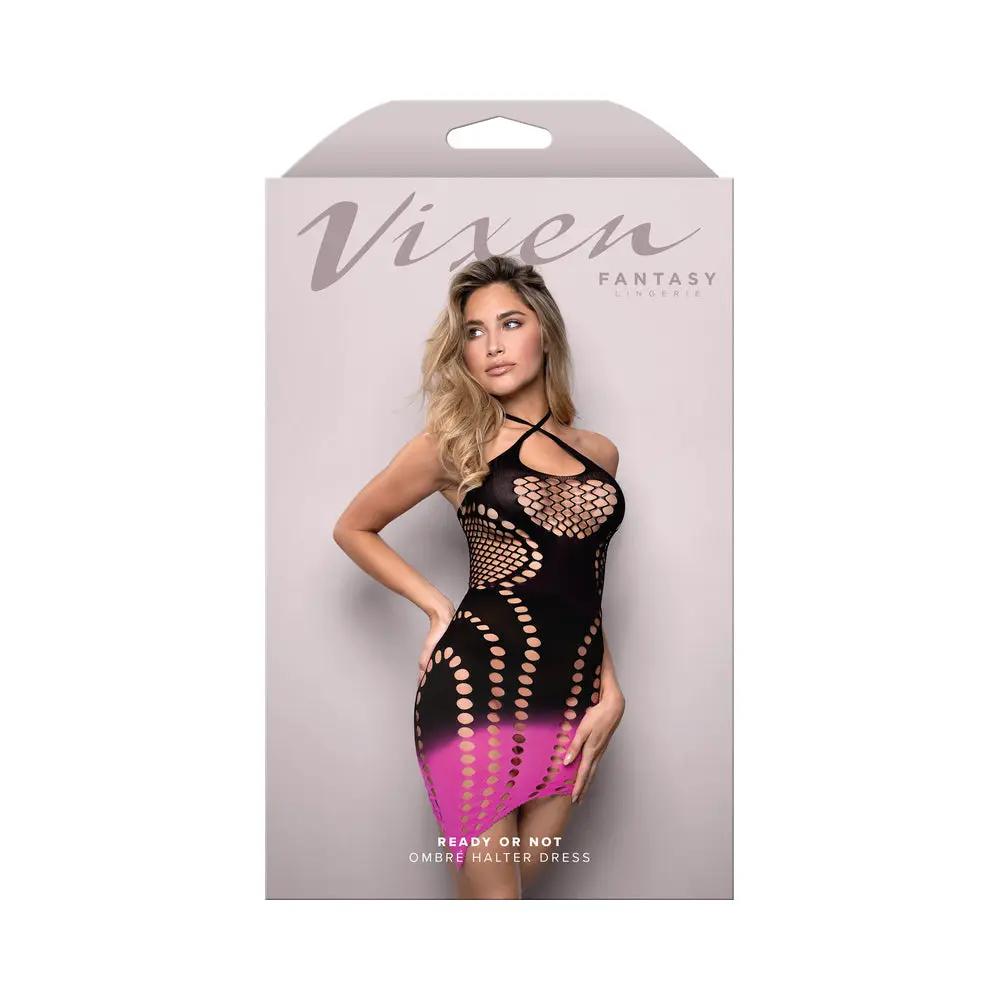 Fantasy Lingerie Vixen Ready Or Not Ombré Knit Asymmetrical Keyhole Halter Dress Black/Pink O/S by Fantasy Lingerie