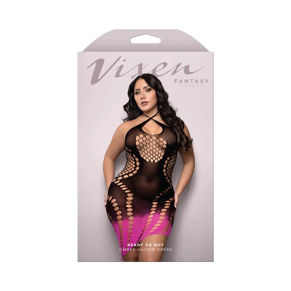 Fantasy Lingerie Vixen Ready Or Not Ombré Knit Asymmetrical Keyhole Halter Dress Black/Pink Queen Size by Fantasy Lingerie