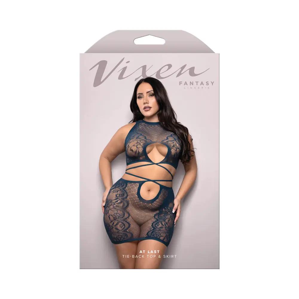 Fantasy Lingerie Vixen At Last Floral Lace Knit Tie-Back Top & Skirt Navy Queen Size by Fantasy Lingerie