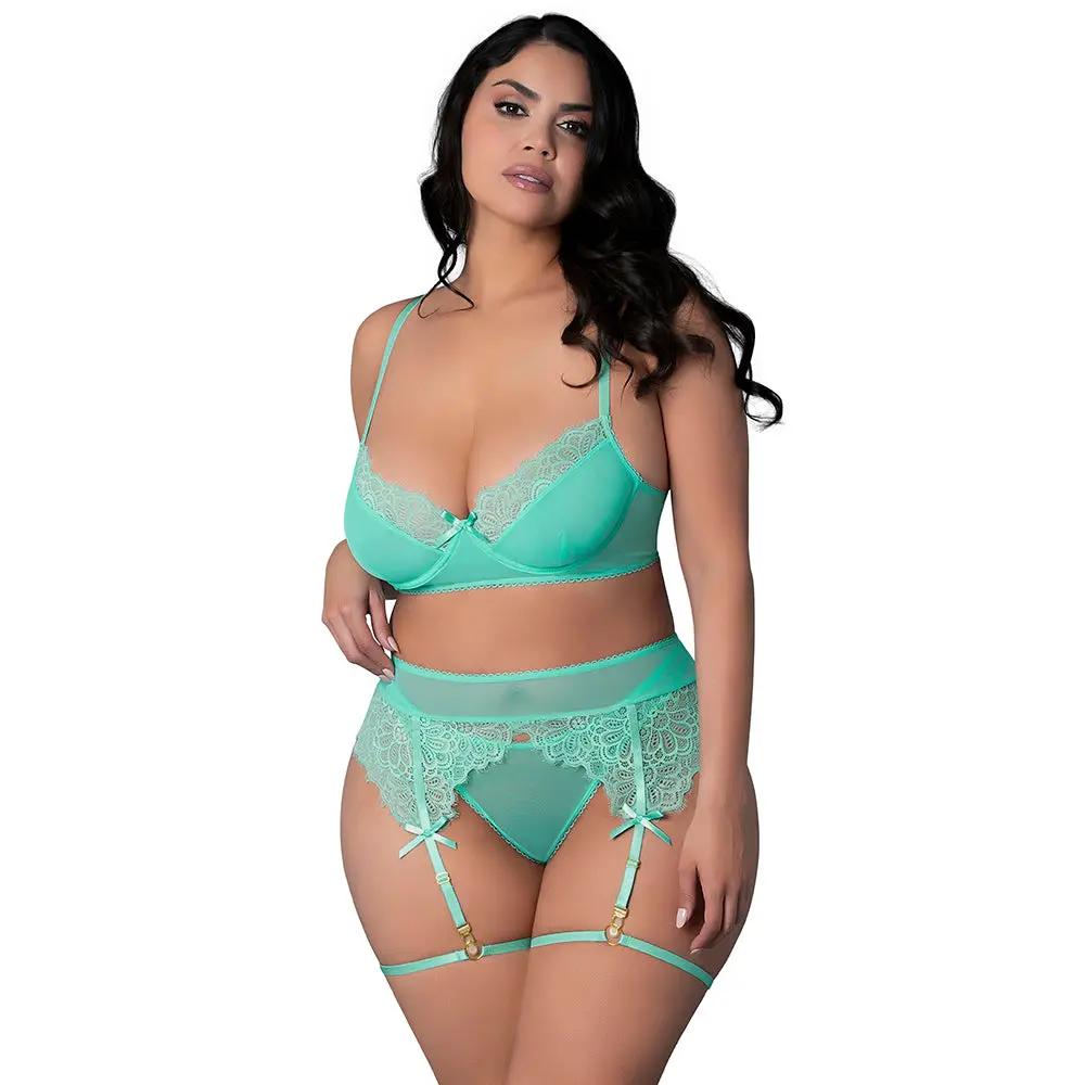 Magic Silk Caribbean Crush Demi Bra & Thong with Garter Set Aqua Glow Queen Size by Magic Silk