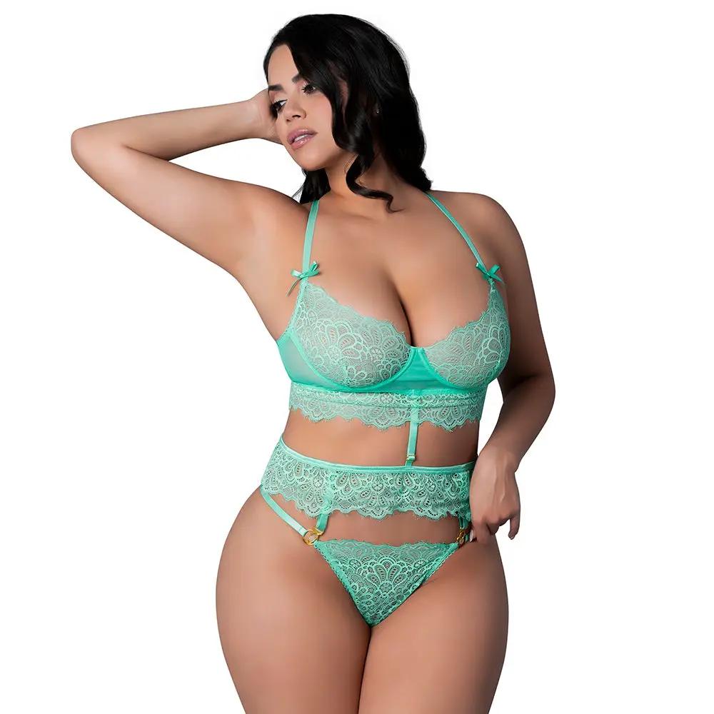 Magic Silk Caribbean Crush Demi Longline Bra & Panty with Flounce Aqua Glow Queen Size by Magic Silk
