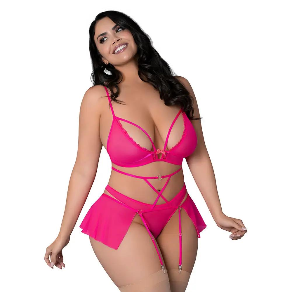 Magic Silk Pink Kink Bralette, High Leg Panty & Garter Skirt Set Pink Glow Queen Size by Magic Silk