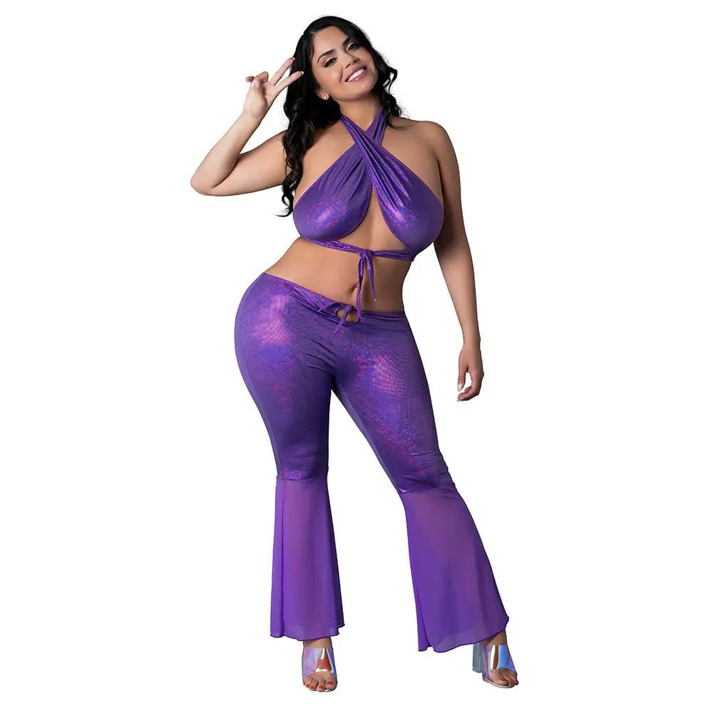 Magic Silk Glimmer Wrap Halter & Flair Pant Set Purple Disco Queen Size by Magic Silk