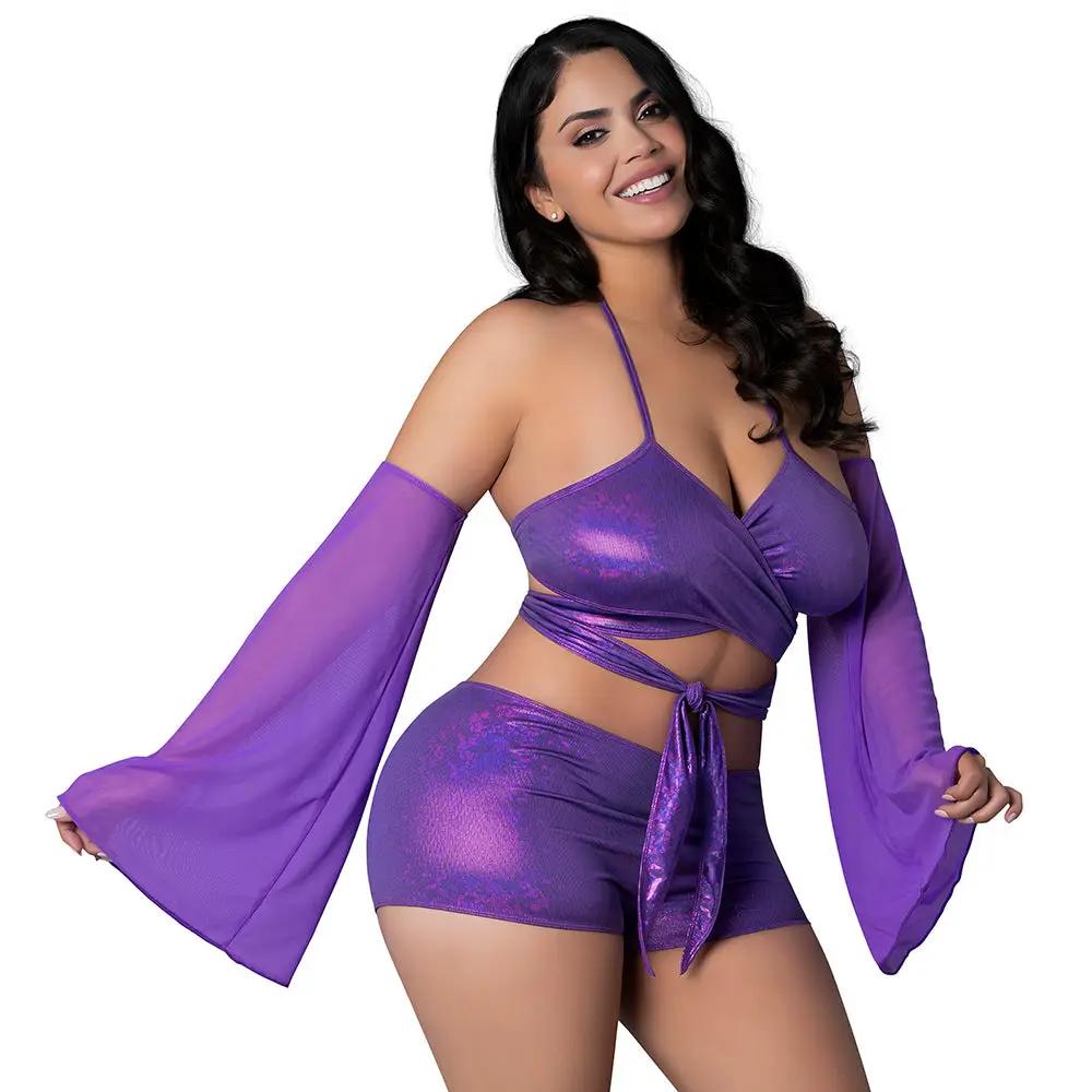 Magic Silk Glimmer Wrap Bralette, Booty Shorts & Sleeve Set Purple Disco Queen Size by Magic Silk