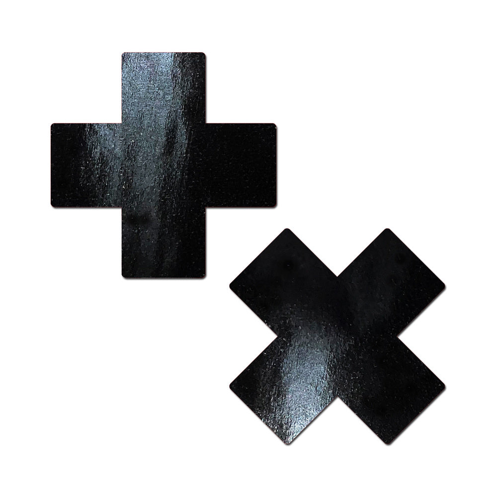 Pastease Plus X: Faux Latex Pleather Vinyl Black Cross Pasties