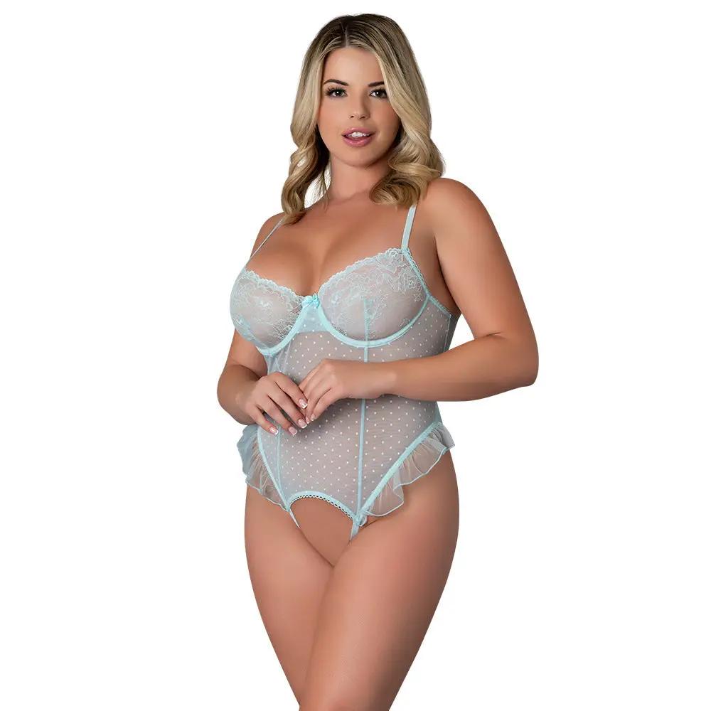 Magic Silk Blue Sky Ruffled Crotchless Playsuit Blue Queen Size by Magic Silk