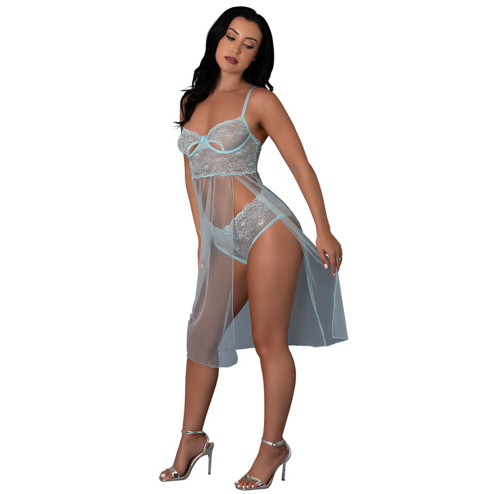 Magic Silk Blue Sky Long Chemise & Boy Short Panty Blue L/XL by Magic Silk