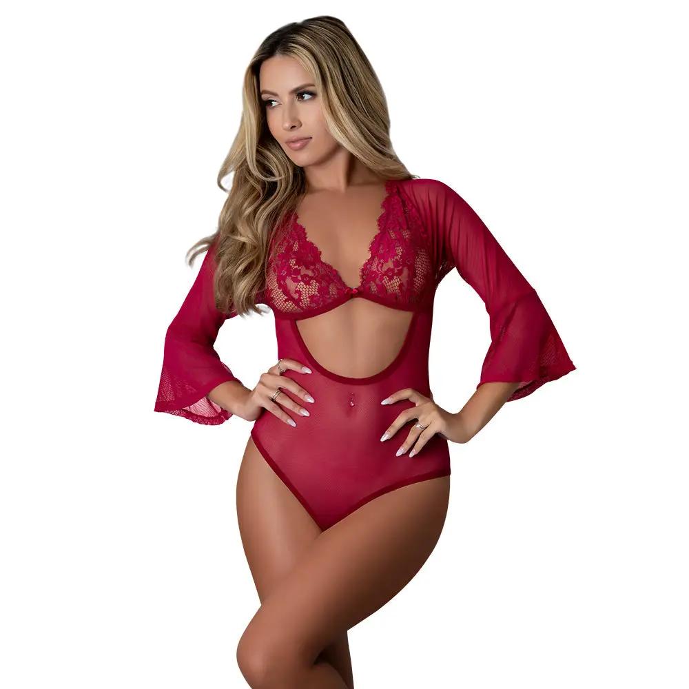 Magic Silk Black Cherry 3/4 Sleeve Playsuit Cherry L/XL by Magic Silk