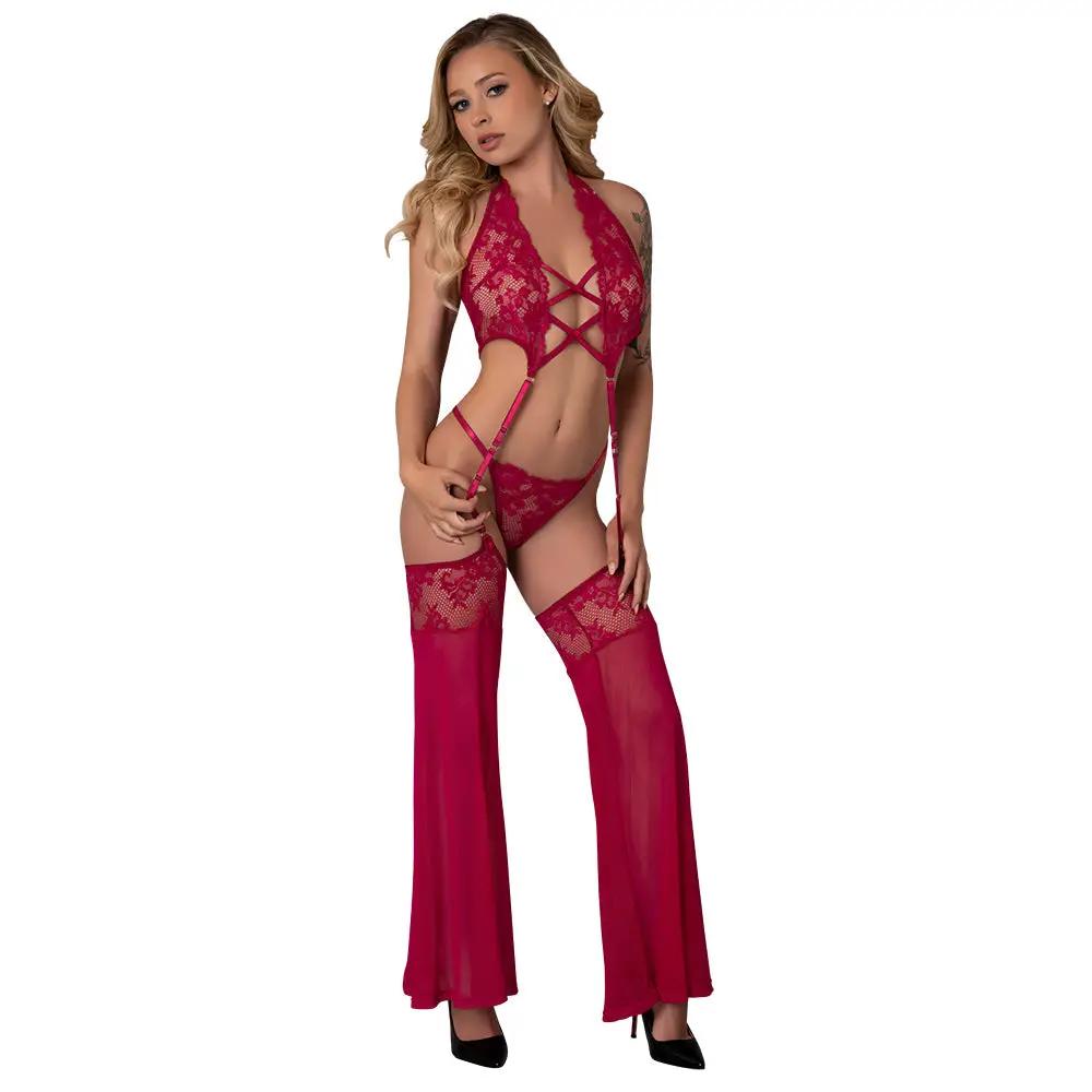 Magic Silk Black Cherry Plunge Top with Removable Chaps & Cheeky Panty Cherry L/XL by Magic Silk