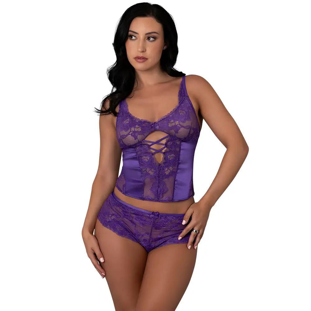Magic Silk Satin Petals Bustier & Boy Short Set Purple S/M by Magic Silk