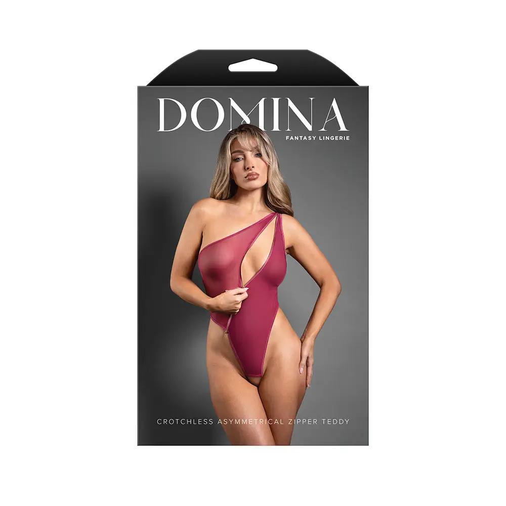 Fantasy Lingerie Domina Crotchless One-Shoulder Teddy with Asymmetrical Front Zipper Berry S/M by Fantasy Lingerie
