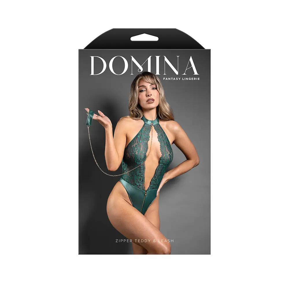 Fantasy Lingerie Domina Keyhole Halter Teddy with Detachable Chain-Link Leash Pine Green S/M by Fantasy Lingerie