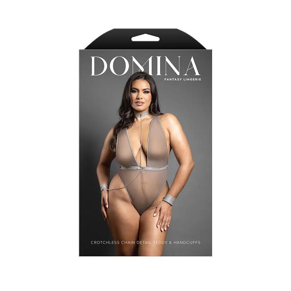 Fantasy Lingerie Domina Crotchless Plunge Teddy with Chain-Link Choker & Detachable Cuffs Gray Queen Size by Fantasy Lingerie