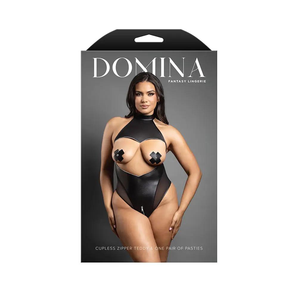 Fantasy Lingerie Domina Cupless High-Neck Halter Teddy with Zipper Detail & Pasties Black Queen Size by Fantasy Lingerie